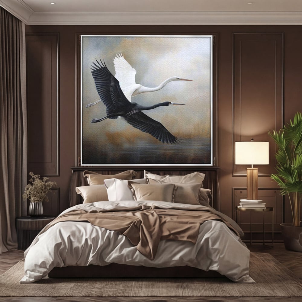Tablou canvas cu tablou canvas cu doua pasari in zbor, in rama de aluminiu argintiu, pe perete intr-un dormitor